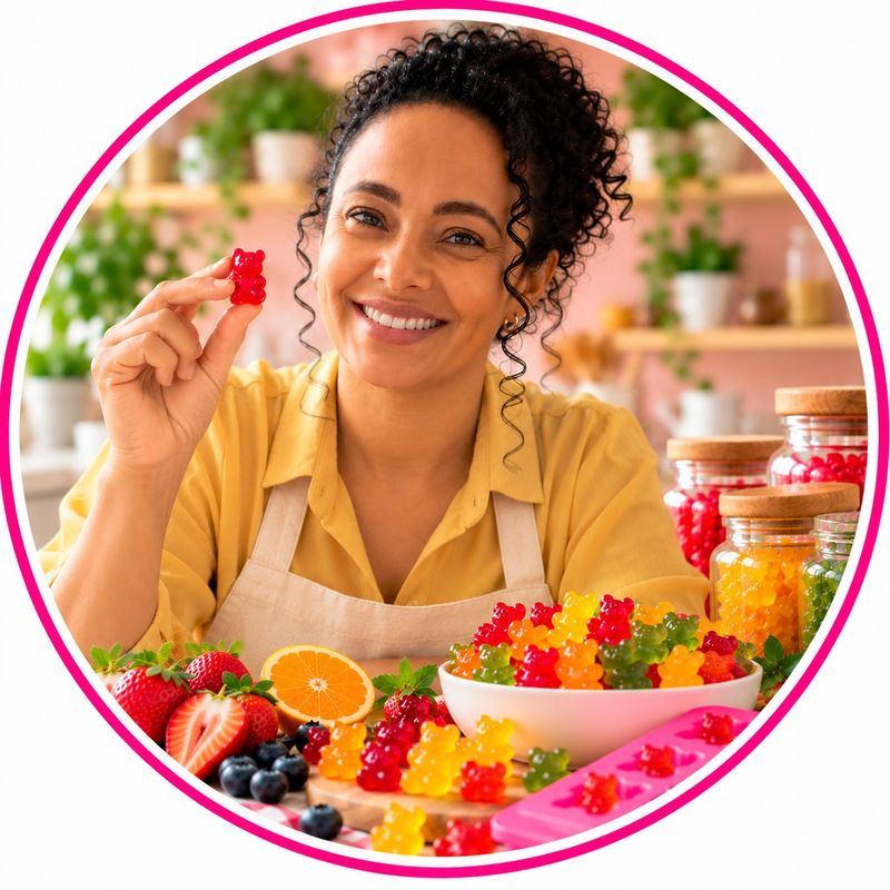 Creadora de Nutrigomitas sosteniendo una gomita